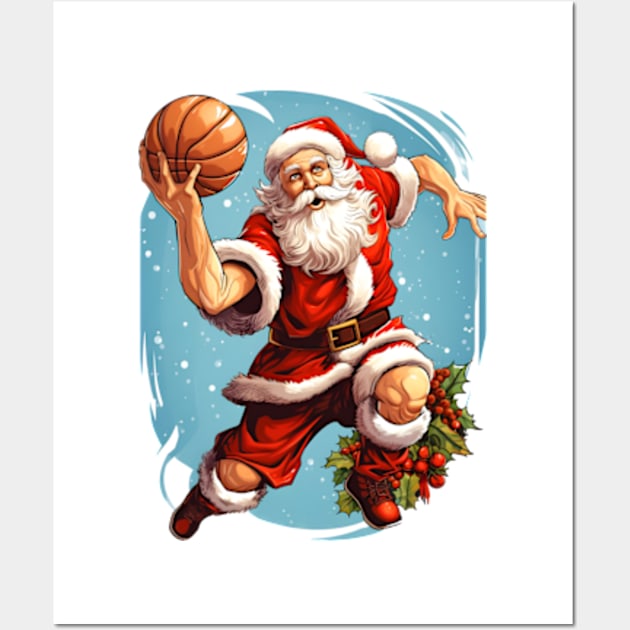 Santa Clause Play Basketball Christmas Gift Wall Art by Blura